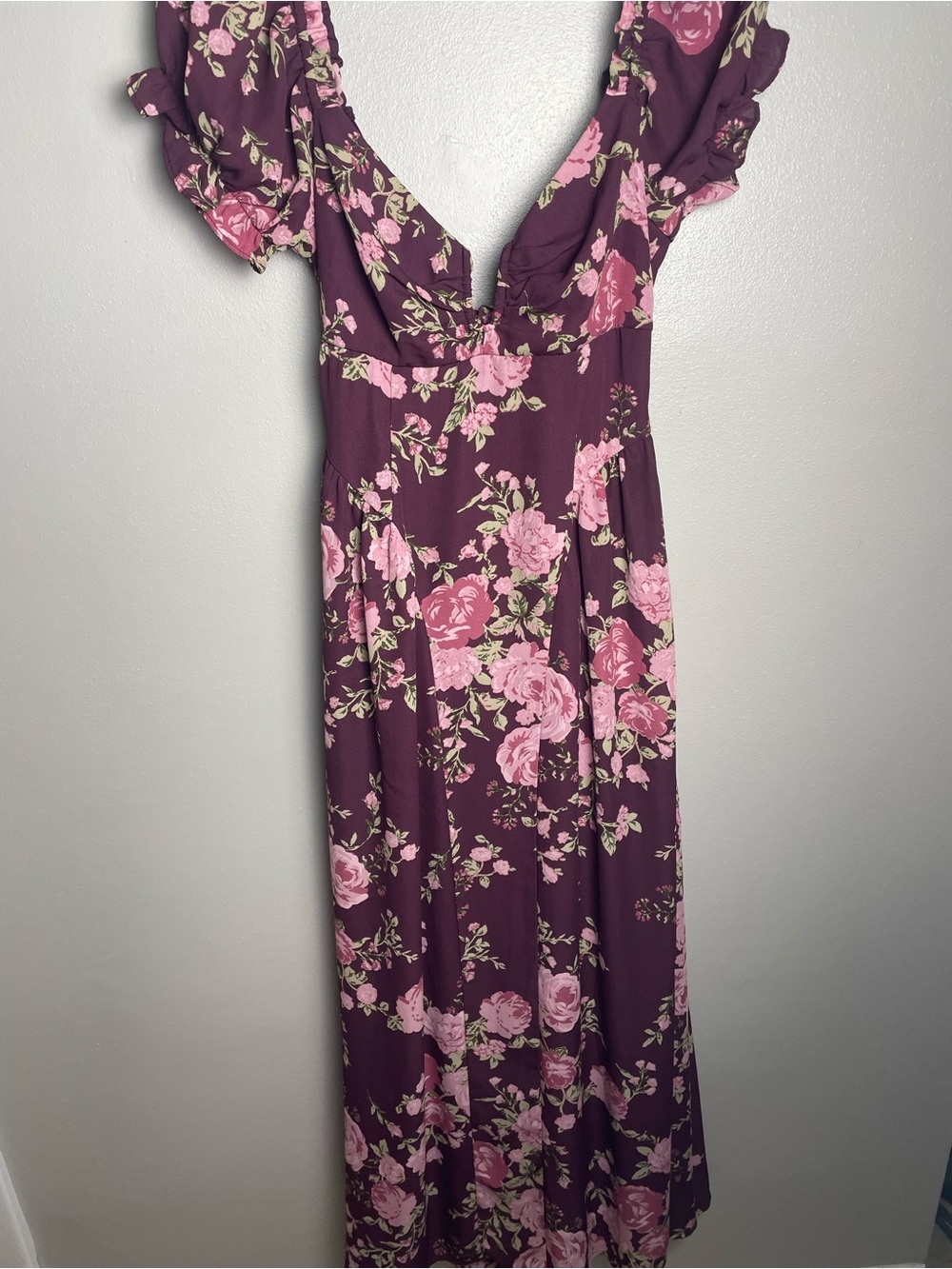 Plum Floral Maxi Dress with Pink Rose Print